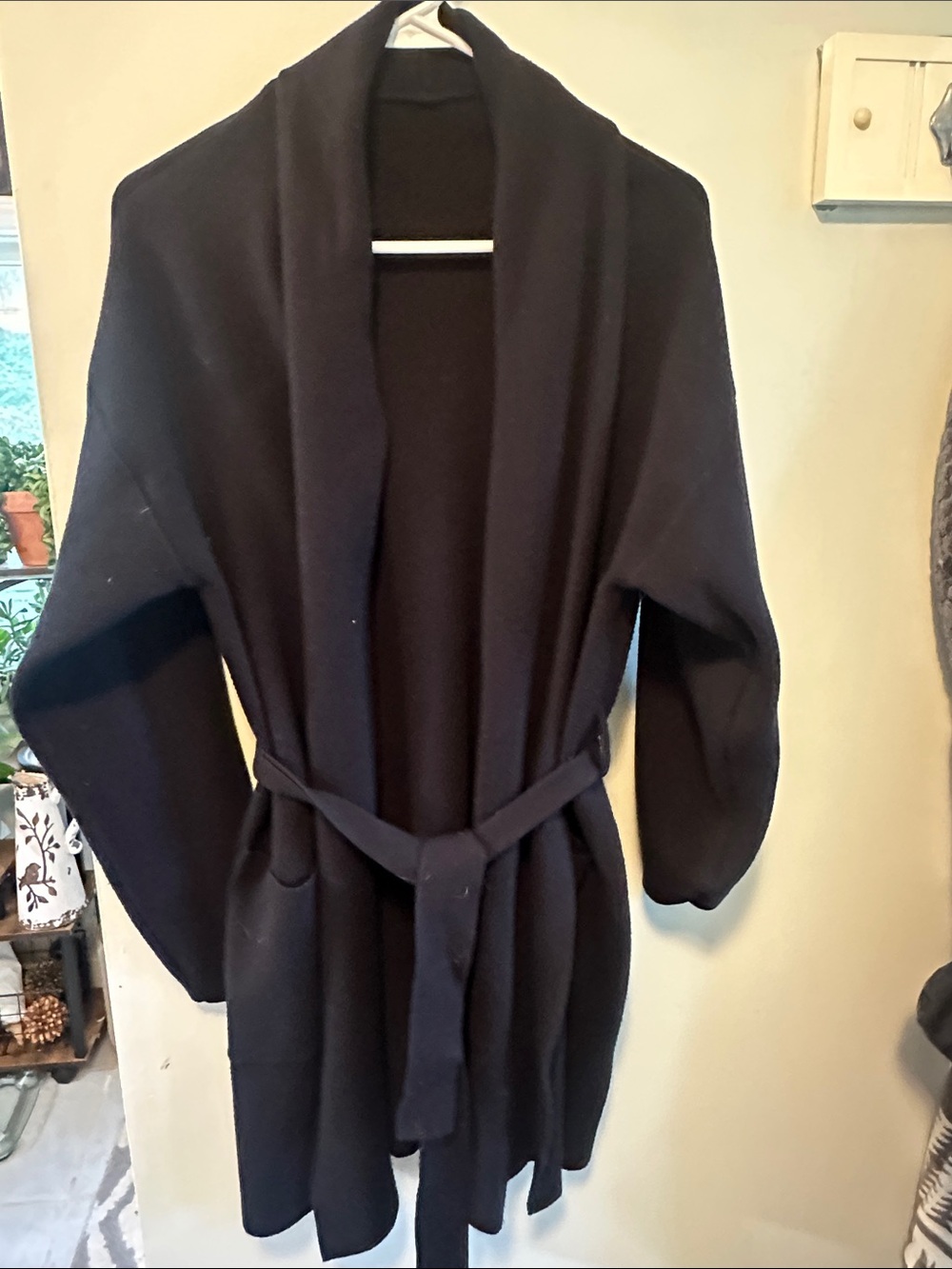 Open-Front Black Knit Cardigan with Self-Tie Belt